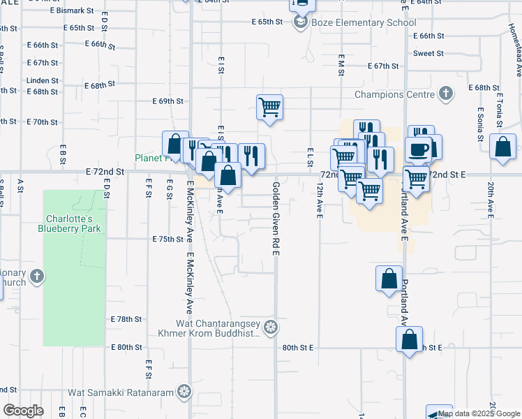 map of restaurants, bars, coffee shops, grocery stores, and more near 1021 74th Street East in Tacoma