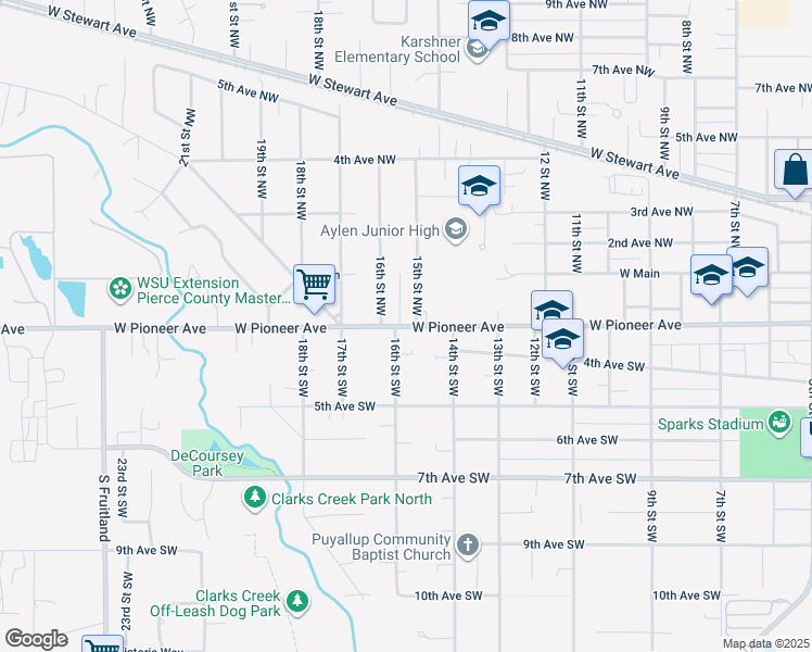 map of restaurants, bars, coffee shops, grocery stores, and more near West Pioneer Avenue in Puyallup