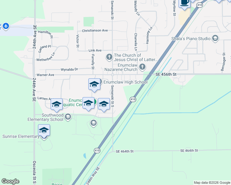 map of restaurants, bars, coffee shops, grocery stores, and more near 219 Semanski Street South in Enumclaw