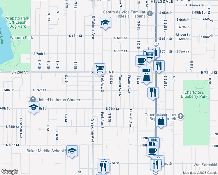 map of restaurants, bars, coffee shops, grocery stores, and more near 7401 South G Street in Tacoma