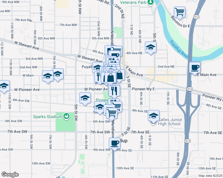 map of restaurants, bars, coffee shops, grocery stores, and more near 103 W Pioneer in Puyallup