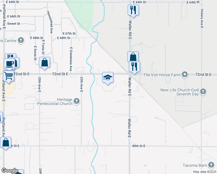 map of restaurants, bars, coffee shops, grocery stores, and more near 7306 Waller Road East in Tacoma