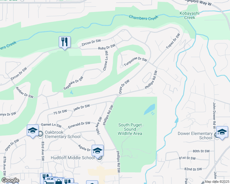 map of restaurants, bars, coffee shops, grocery stores, and more near 7501 Onyx Drive Southwest in Tacoma