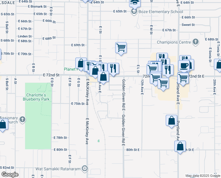 map of restaurants, bars, coffee shops, grocery stores, and more near 910 73rd Street Court East in Tacoma