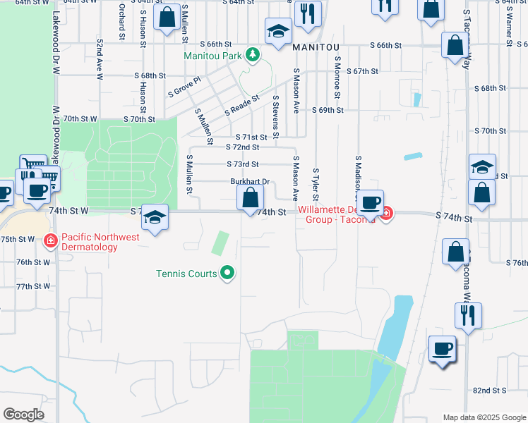map of restaurants, bars, coffee shops, grocery stores, and more near 12465 South Stevens Street in Tacoma