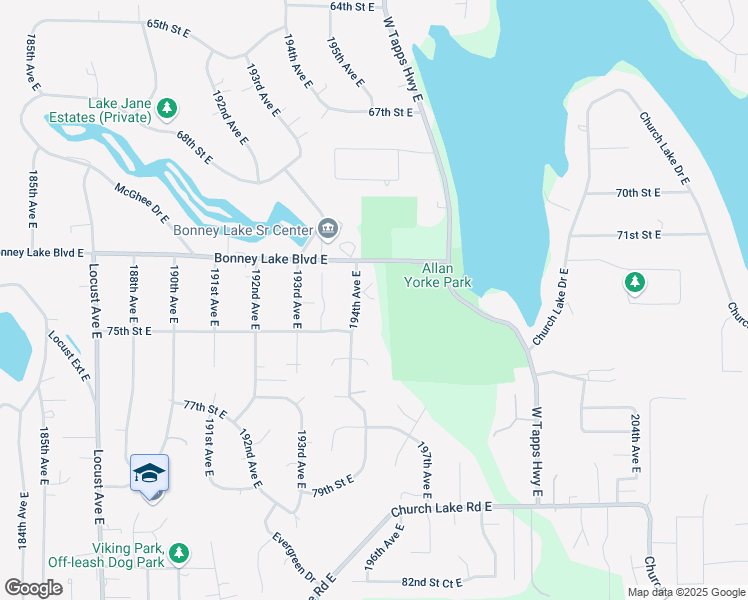 map of restaurants, bars, coffee shops, grocery stores, and more near 7312 194th Avenue East in Bonney Lake