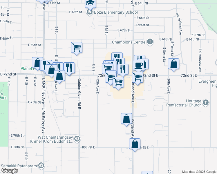 map of restaurants, bars, coffee shops, grocery stores, and more near 7227 13th Avenue Court East in Tacoma