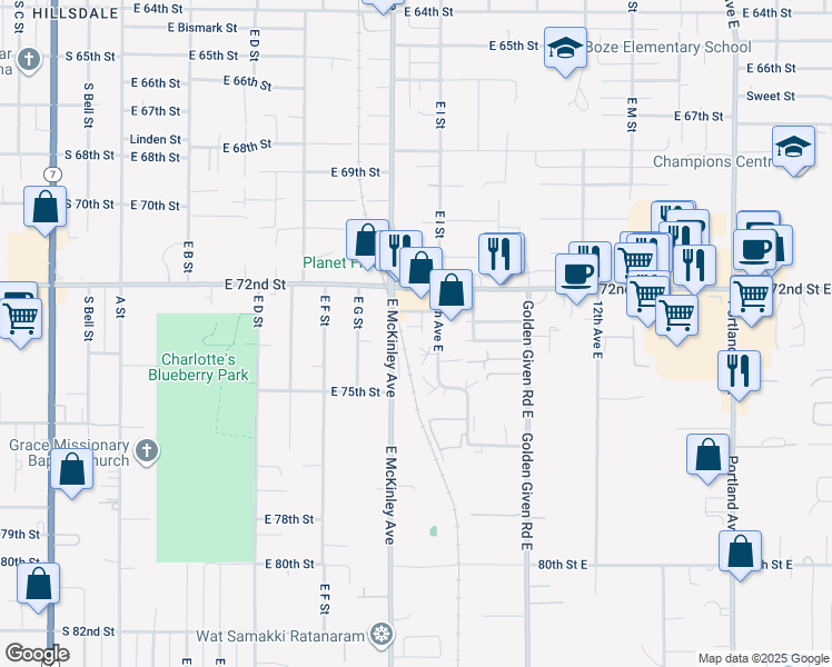 map of restaurants, bars, coffee shops, grocery stores, and more near 806 74th Street East in Tacoma