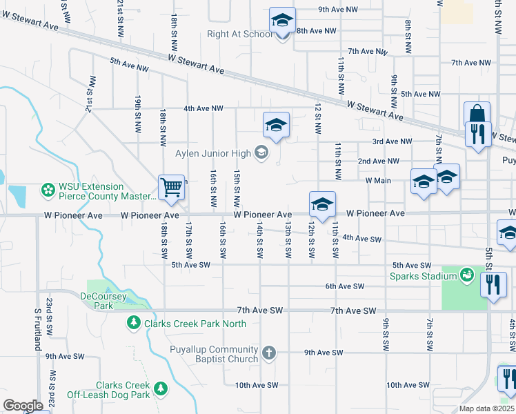 map of restaurants, bars, coffee shops, grocery stores, and more near 1332 West Pioneer Avenue in Puyallup