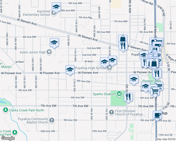 map of restaurants, bars, coffee shops, grocery stores, and more near 314 9th Street Northwest in Puyallup