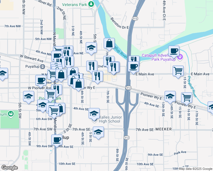 map of restaurants, bars, coffee shops, grocery stores, and more near 310 7th Street Northeast in Puyallup
