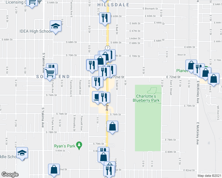 map of restaurants, bars, coffee shops, grocery stores, and more near 7402 South Bell Street in Tacoma