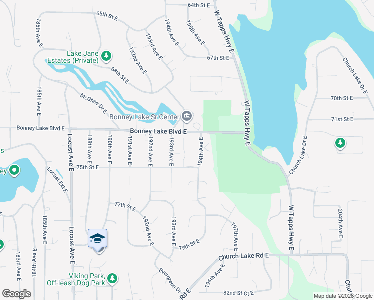map of restaurants, bars, coffee shops, grocery stores, and more near 19306 75th Street East in Bonney Lake