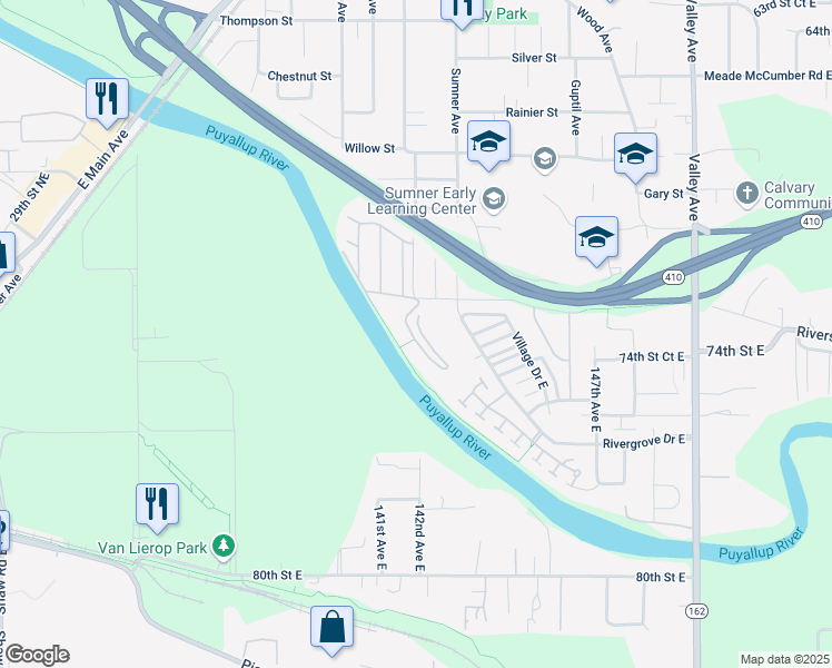 map of restaurants, bars, coffee shops, grocery stores, and more near 7413 142nd Avenue East in Sumner