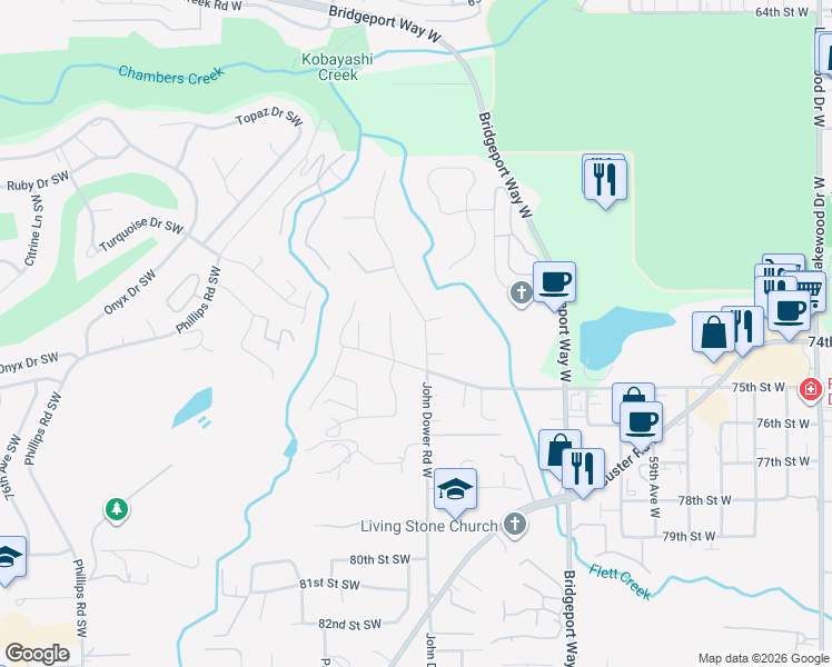 map of restaurants, bars, coffee shops, grocery stores, and more near 7224 65th Avenue West in Lakewood
