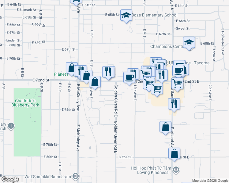 map of restaurants, bars, coffee shops, grocery stores, and more near 918-920 72nd Street East in Tacoma