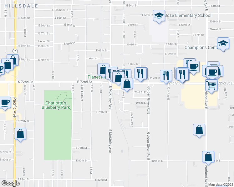 map of restaurants, bars, coffee shops, grocery stores, and more near 828 72nd Street East in Tacoma