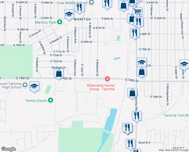map of restaurants, bars, coffee shops, grocery stores, and more near 7217 South Monroe Street in Tacoma