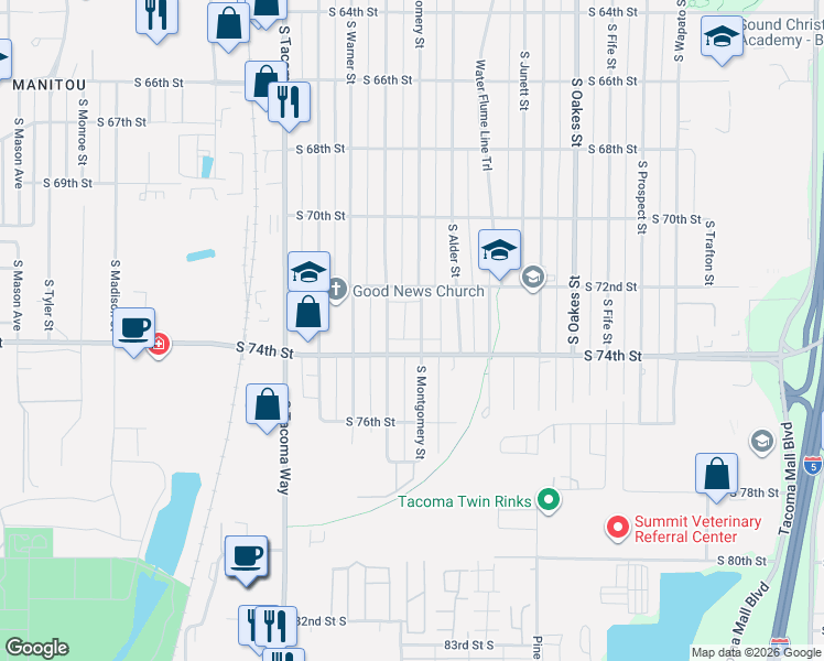 map of restaurants, bars, coffee shops, grocery stores, and more near 7211 South Montgomery Street in Tacoma