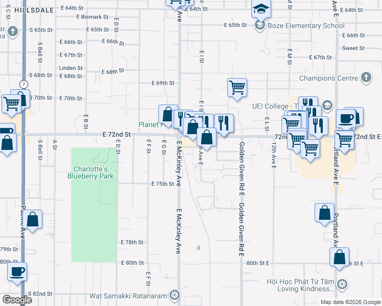 map of restaurants, bars, coffee shops, grocery stores, and more near 7305 8th Avenue Court East in Tacoma