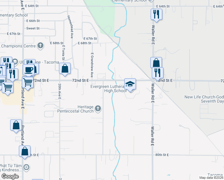 map of restaurants, bars, coffee shops, grocery stores, and more near 2514 72nd Street East in Tacoma