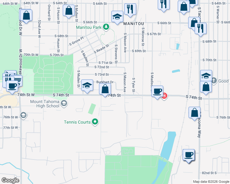 map of restaurants, bars, coffee shops, grocery stores, and more near 4408 Burkhart Drive in Tacoma