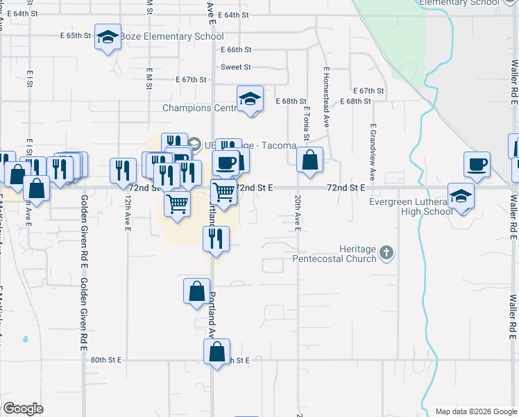 map of restaurants, bars, coffee shops, grocery stores, and more near 1812 72nd Street East in Tacoma