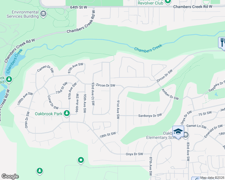 map of restaurants, bars, coffee shops, grocery stores, and more near 7202 91st Avenue Court Southwest in Lakewood