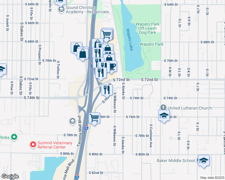 map of restaurants, bars, coffee shops, grocery stores, and more near 1772 South 72nd Street in Tacoma