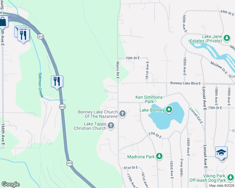 map of restaurants, bars, coffee shops, grocery stores, and more near 7207 Myers Road East in Bonney Lake