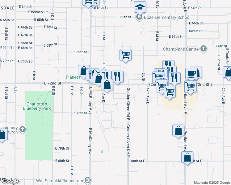 map of restaurants, bars, coffee shops, grocery stores, and more near 7206 9th Avenue Court East in Tacoma