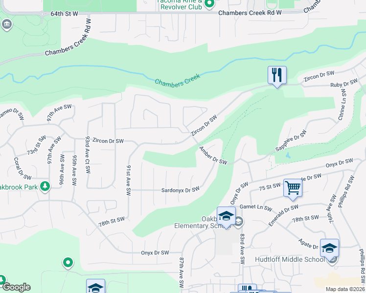 map of restaurants, bars, coffee shops, grocery stores, and more near 8701 Zircon Drive Southwest in Lakewood