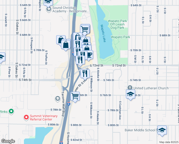 map of restaurants, bars, coffee shops, grocery stores, and more near 1772 South 72nd Street in Tacoma