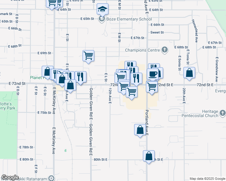 map of restaurants, bars, coffee shops, grocery stores, and more near 1229 East 72nd Street in Tacoma