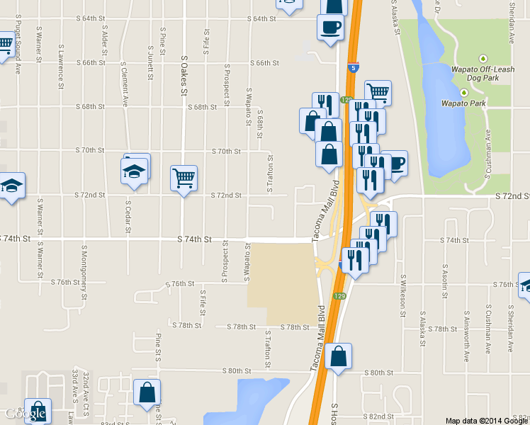 map of restaurants, bars, coffee shops, grocery stores, and more near 7227 South Wapato Street in Tacoma