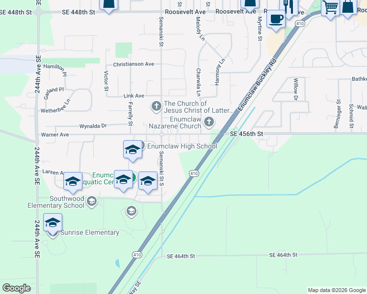 map of restaurants, bars, coffee shops, grocery stores, and more near 2710 Warner Avenue in Enumclaw