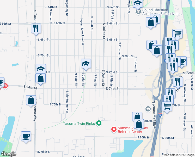 map of restaurants, bars, coffee shops, grocery stores, and more near 7219 South Pine Street in Tacoma