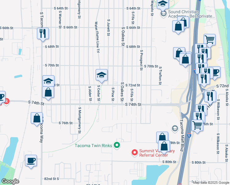 map of restaurants, bars, coffee shops, grocery stores, and more near 7219 South Pine Street in Tacoma