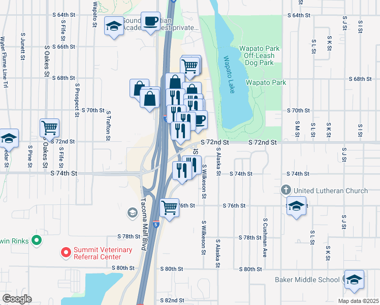 map of restaurants, bars, coffee shops, grocery stores, and more near 1772 S 72nd St in Tacoma