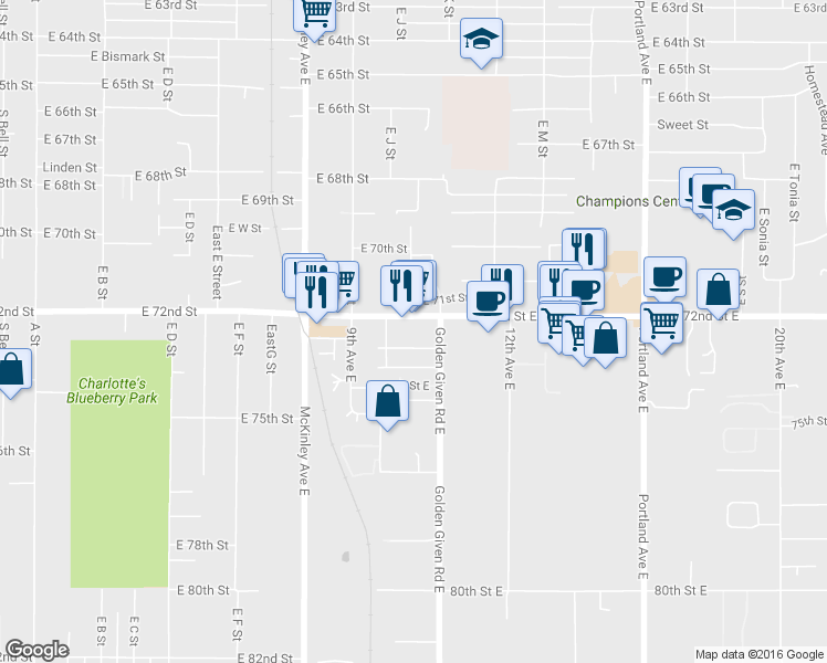 map of restaurants, bars, coffee shops, grocery stores, and more near 918-920 72nd St E in Tacoma