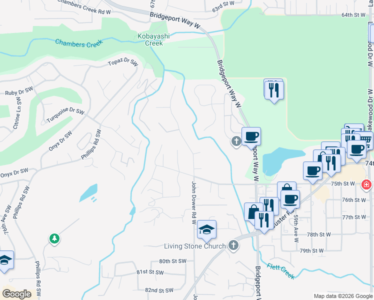 map of restaurants, bars, coffee shops, grocery stores, and more near 7224 65th Avenue West in Lakewood