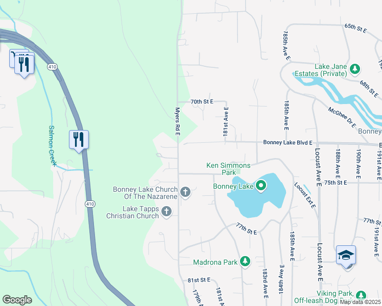 map of restaurants, bars, coffee shops, grocery stores, and more near 17803 Bonney Lake Boulevard East in Bonney Lake
