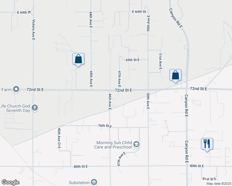 map of restaurants, bars, coffee shops, grocery stores, and more near 4616 72nd Street East in Tacoma
