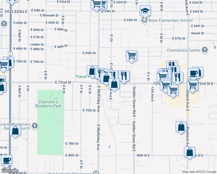 map of restaurants, bars, coffee shops, grocery stores, and more near 828 72nd Street East in Tacoma
