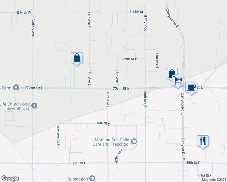 map of restaurants, bars, coffee shops, grocery stores, and more near 4616 72nd Street East in Tacoma