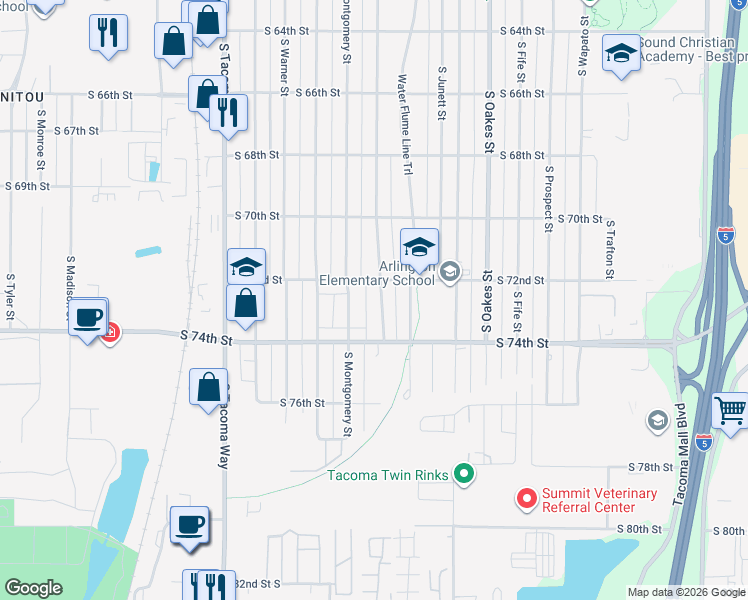 map of restaurants, bars, coffee shops, grocery stores, and more near 7211 South Montgomery Street in Tacoma