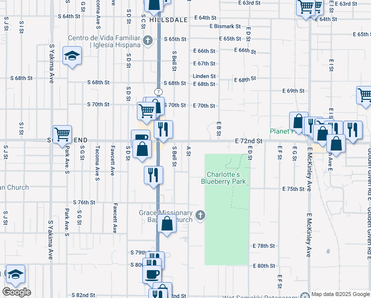 map of restaurants, bars, coffee shops, grocery stores, and more near 7210 A Street in Tacoma