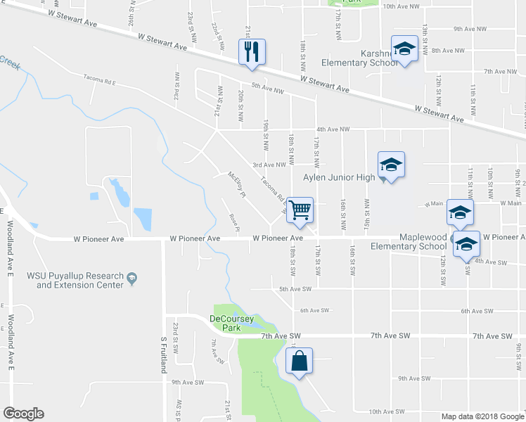 map of restaurants, bars, coffee shops, grocery stores, and more near 117 McElroy Place in Puyallup