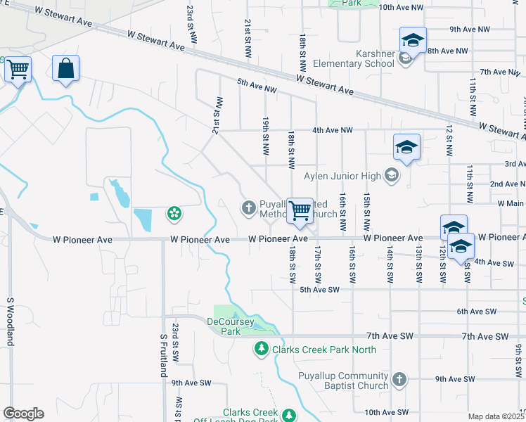 map of restaurants, bars, coffee shops, grocery stores, and more near 117 McElroy Place in Puyallup