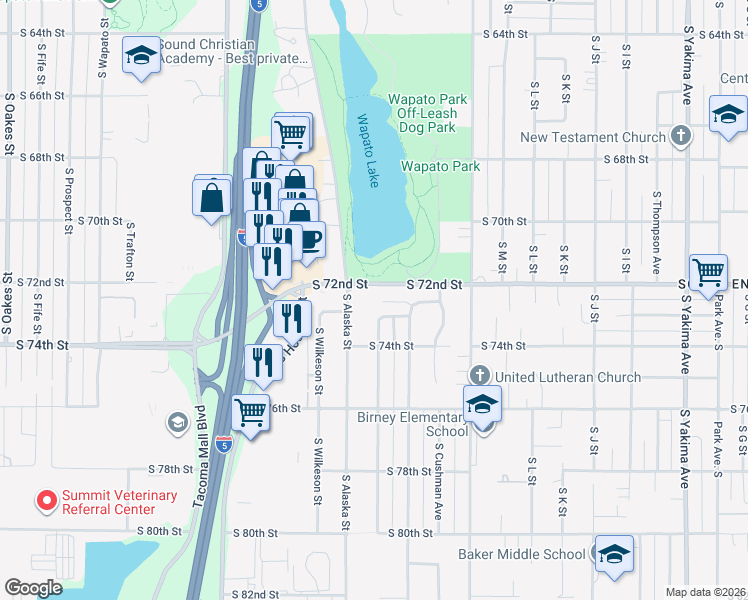 map of restaurants, bars, coffee shops, grocery stores, and more near 1631 South 73rd Street in Tacoma